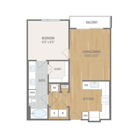 Floor plan for 1 bed, 1 bath, 727 sqft